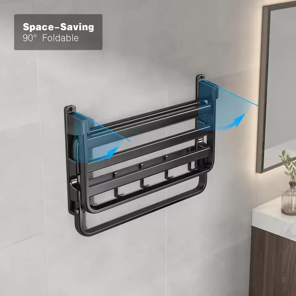 Foldable Wall-Mounted Towel Rack with Shelf & Hooks