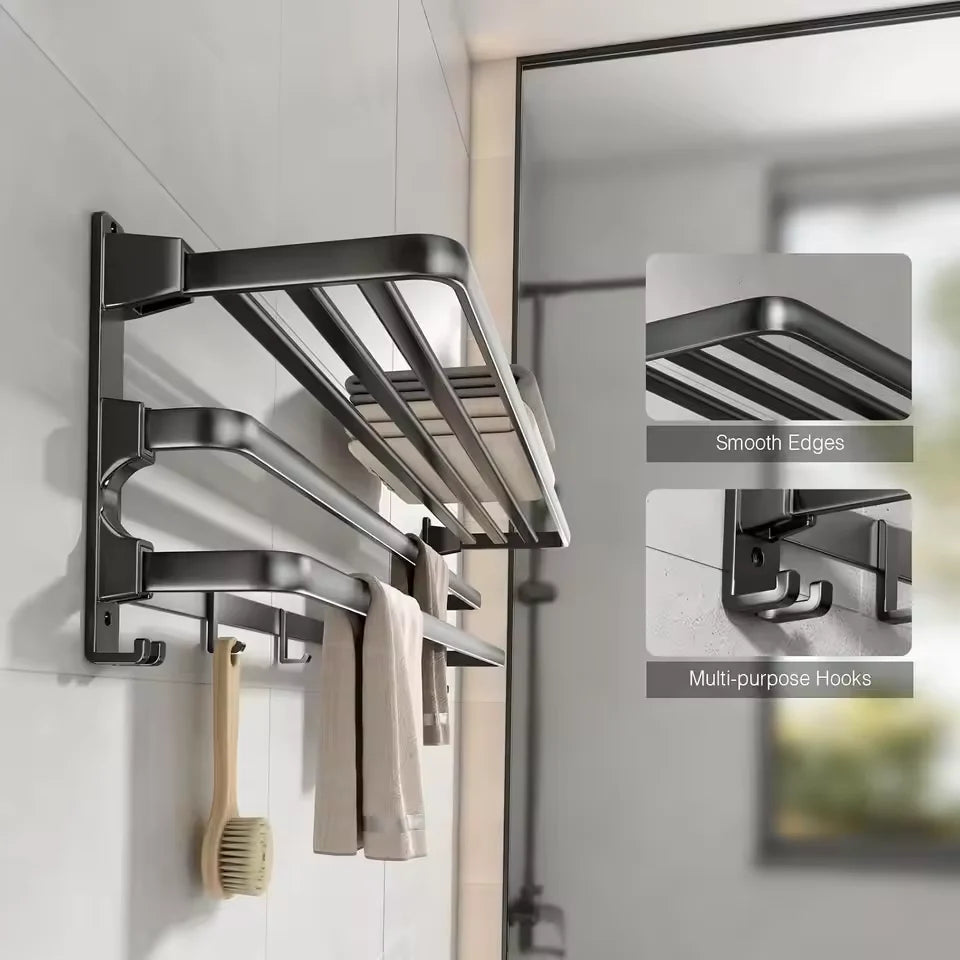 Foldable Wall-Mounted Towel Rack with Shelf & Hooks