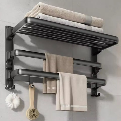 Foldable Wall-Mounted Towel Rack with Shelf & Hooks